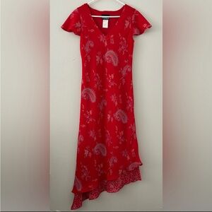 VTG Positive Attitude Red Paisley Floral Layered Asymmetric Dress Petite 10 90s